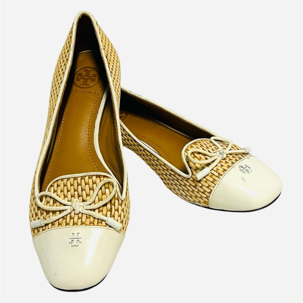 Tory Burch Flat Shoes Raffia Wedge Catherine Cap Toe Bone Women's Size 5M